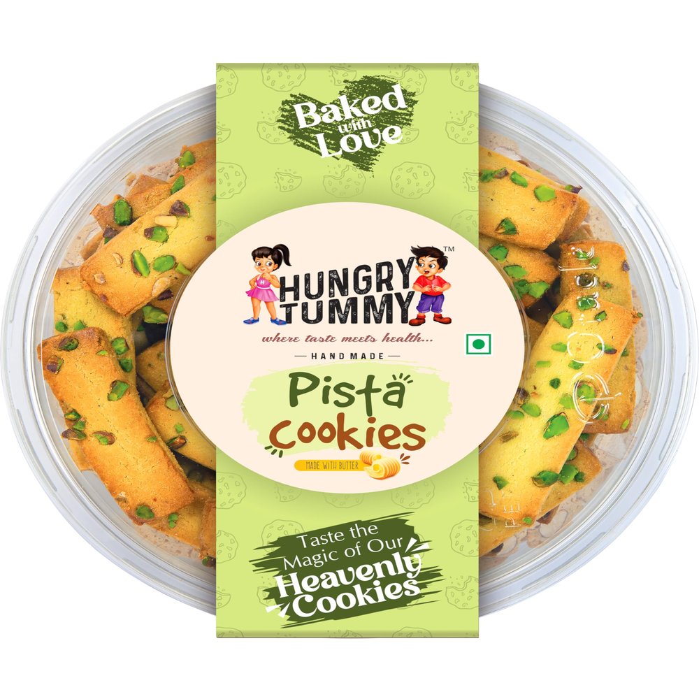 HUNGRY TUMMY Pista Cookies (250g) - Made with Butter | Delicious Pistachio Cookies, Perfect for Snacking, Tea Time & Night Munching - Nutty and Irresistible