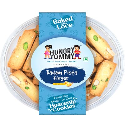 HUNGRY TUMMY Badam Pista Finger Cookies (250g) - Made with Butter | Almond & Pista Pistachio Biscuits, Perfect for Snacking, Tea Time & Night Munching - Delicious Treats