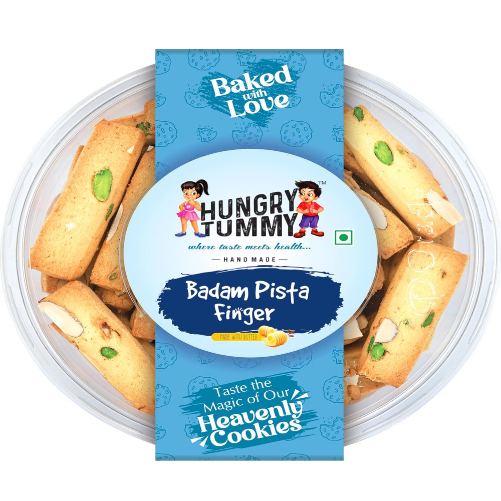HUNGRY TUMMY Badam Pista Finger Cookies (250g) - Made with Butter | Almond & Pista Pistachio Biscuits, Perfect for Snacking, Tea Time & Night Munching - Delicious Treats