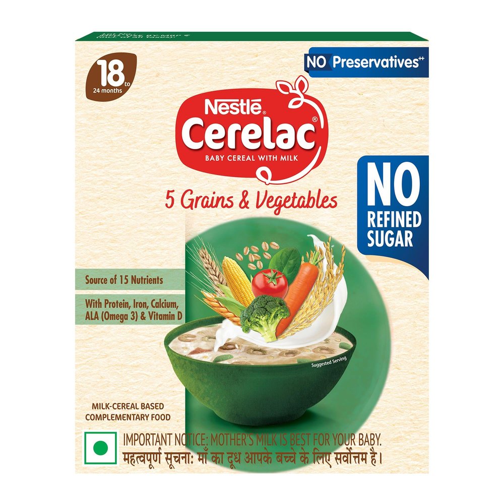 CERELAC Baby Food Cereal | No Refined Sugar | No Preservatives | 5 Grains & Vegetables for 18 to 24 Months Baby | Omega 3 Iron Protein Calcium Vitamin D for Babies | Instant Cereal | 300g