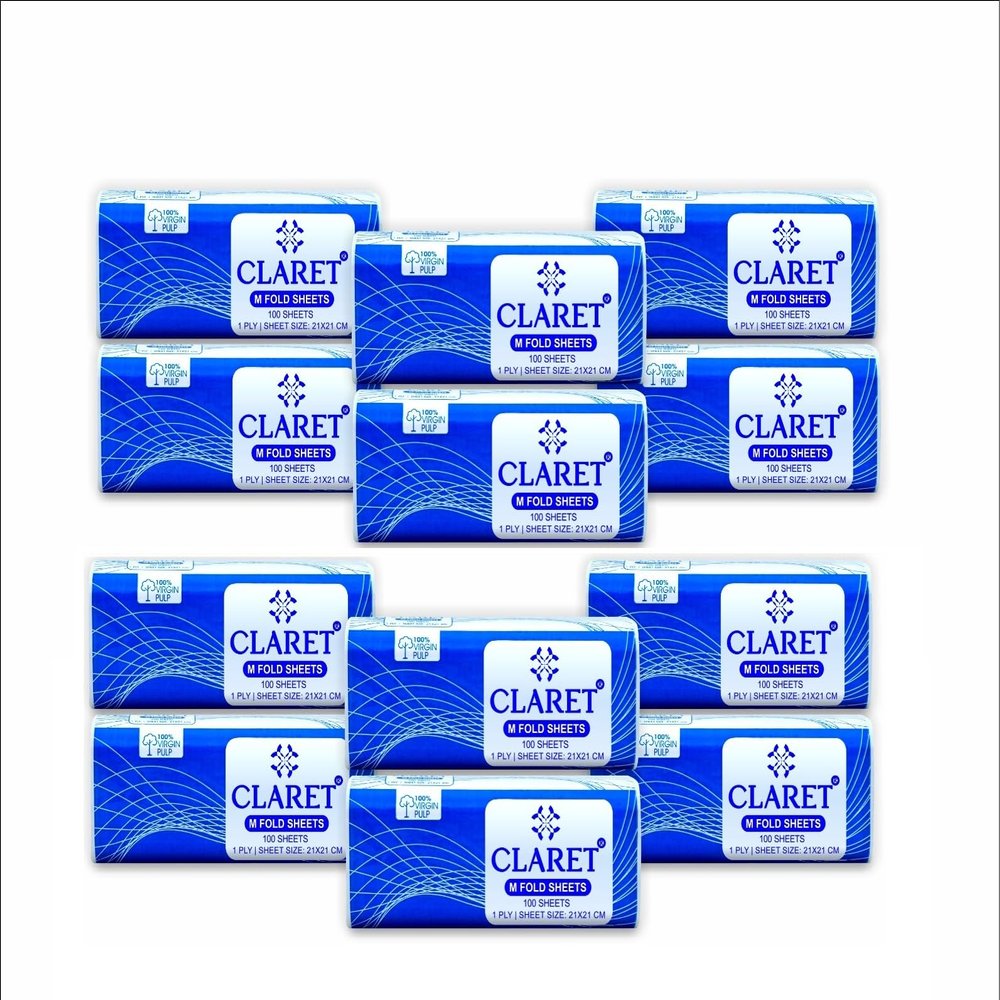 Claret 100 Sheets Multi-Fold Tissues, 1-Ply, 21x21 cm,100% Virgin Pulp - Soft, Eco-Friendly, Hypoallergenic, Absorbent & Sustainable for Sensitive Skin, Pack of 12 pc