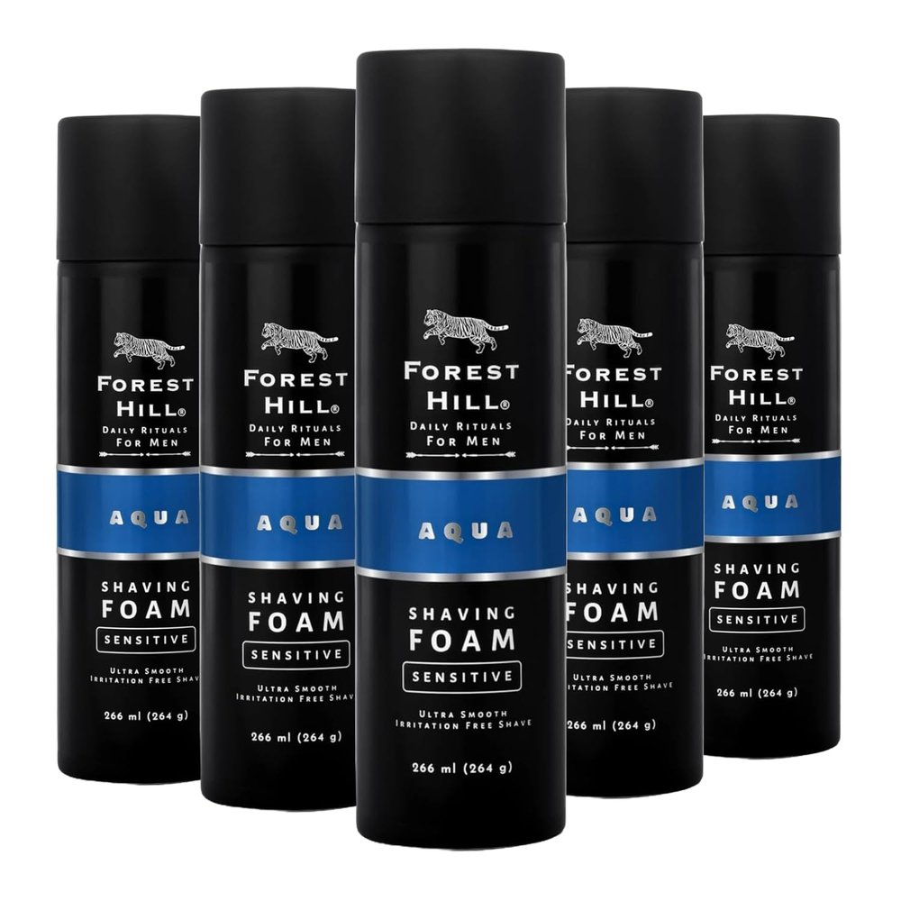 Forest Hill Pack of 5 Aqua Pre Shave Foam For Men,Goodness of Olive & Argan Oil,Mulberry,Rosemary & Peppermint Extract,Prevent Cuts & Burns,Rich Lather,Cooling Hydrating Formula (Each 264g)