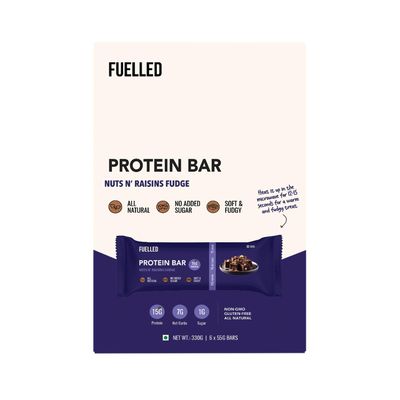 Fuelled Protein Bar 15 g (Pack of 6 x 55 g) Nuts N Raisins Fudge/Healthy Snacks / 100% Whey Protein/High Protein, Low Calorie & High Fibre