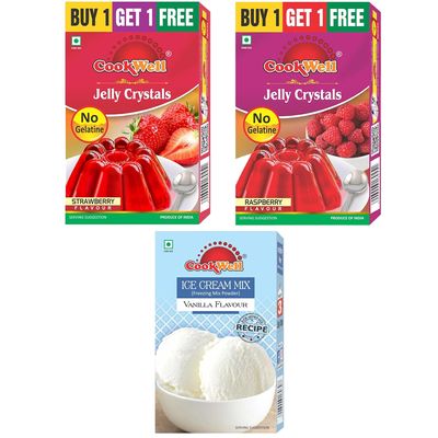 Cookwell Combo of Ice Cream Mix Vanilla 100g 1 and Jelly Crystal 100g 1+1 Flavours (Strawberry, Raspberry) - Tasty & Health