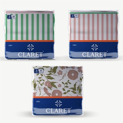 Claret 2-Ply Printed Table Napkins, Multi Design and Colors, 50 Sheets per Pack, 3 Packs, 30x30 cm - Soft, Absorbent, Napkins for Daily Use, Dining, Parties, Events and Special Occasions