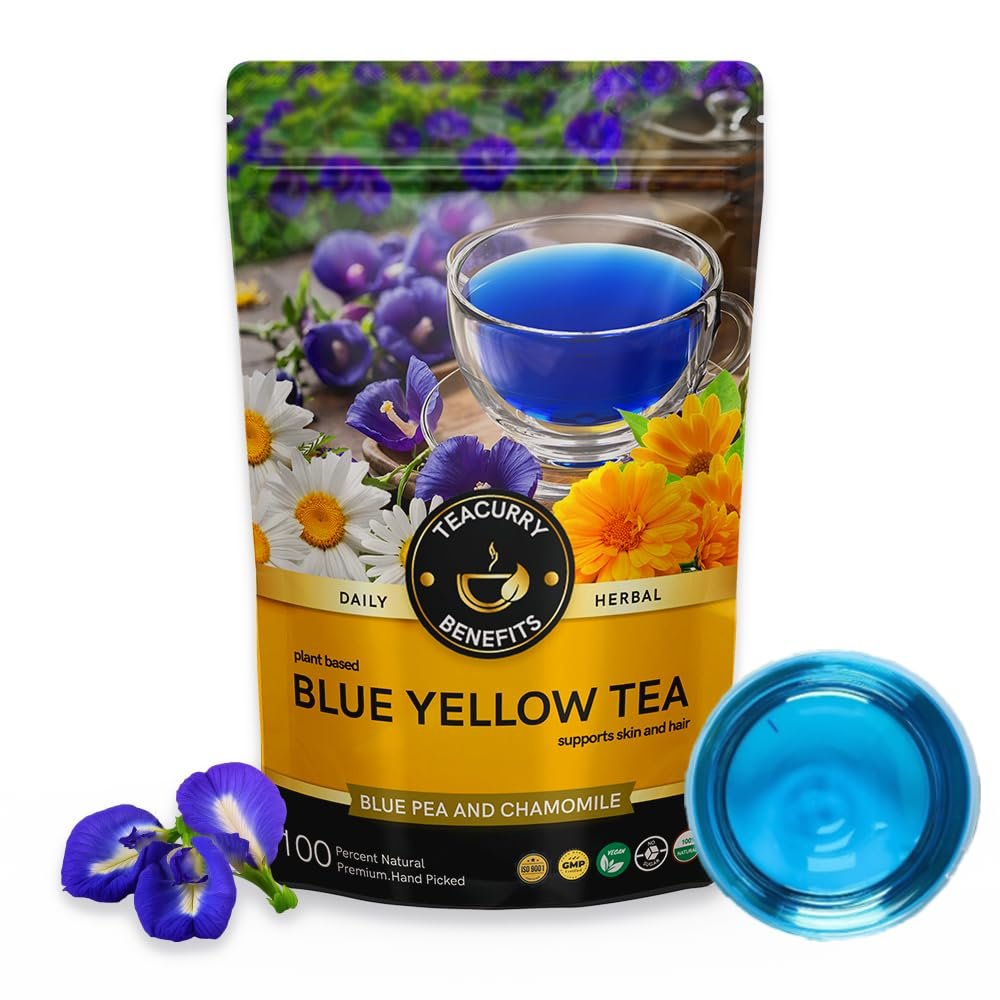 Teacurry Blue Yellow Tea (200 gram loose) - Supports Skin and Stomach Wellness | Flower Based, Caffeine Free Herbal Tea