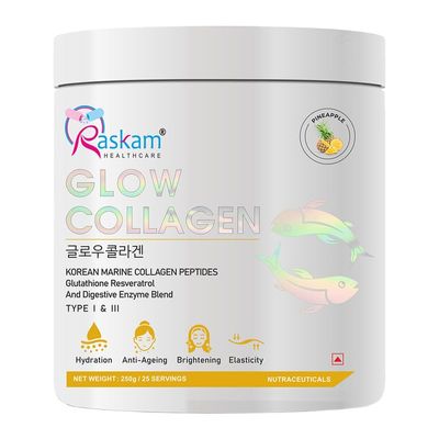 Raskam Glow Collagen Powder 250Gm, 25 Servings | Korean Marine Flavored Collagen for Women & Men (Pineapple)