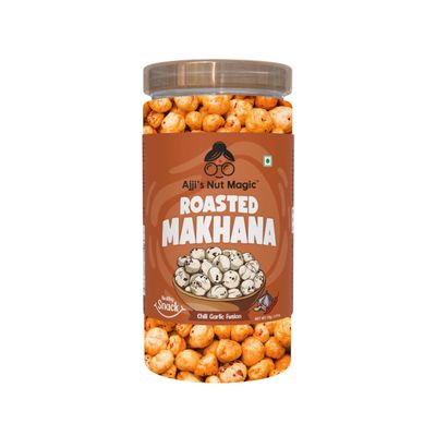 Ajji's Nut Magic Roasted Makhana Chilli Garlic Fusion | Flavored Healthy & Crunchy Snacks | Puffed Kernels Fresh Fox Nuts, Ready to Eat | Roasted Flavored Makhana Mix lotus seeds | Savory Snack, Crunchy & Flavorful (Pack of 1)-70g
