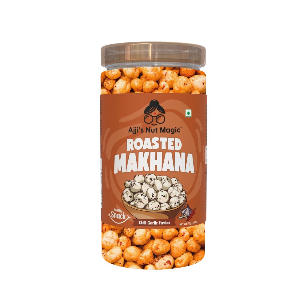 Ajji's Nut Magic Roasted Makhana Chilli Garlic Fusion | Flavored Healthy & Crunchy Snacks | Puffed Kernels Fresh Fox Nuts, Ready to Eat | Roasted Flavored Makhana Mix lotus seeds | Savory Snack, Crunchy & Flavorful (Pack of 1)-70g