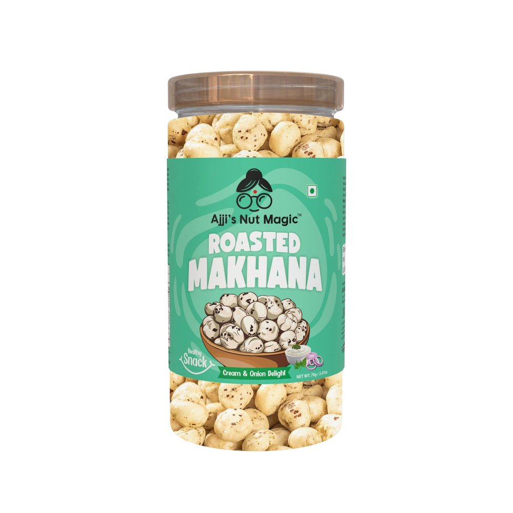 Ajji's Nut Magic Roasted Makhana Cream & Onion Delight | Flavored Healthy & Crunchy Snacks | Puffed Kernels Fresh Fox Nuts, Ready to Eat | Roasted Flavored Makhana Mix lotus seeds | Savory Snack, Crunchy & Flavorful (Pack of 1)-70g