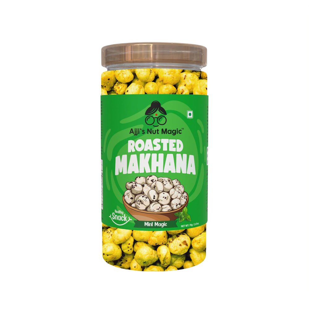 Ajji's Nut Magic Roasted Makhana Mint Magic | Flavored Healthy & Crunchy Snacks | Puffed Kernels Fresh Fox Nuts, Ready to Eat | Roasted Flavored Makhana Mix lotus seeds | Savory Snack, Crunchy & Flavorful (Pack of 1)-70g