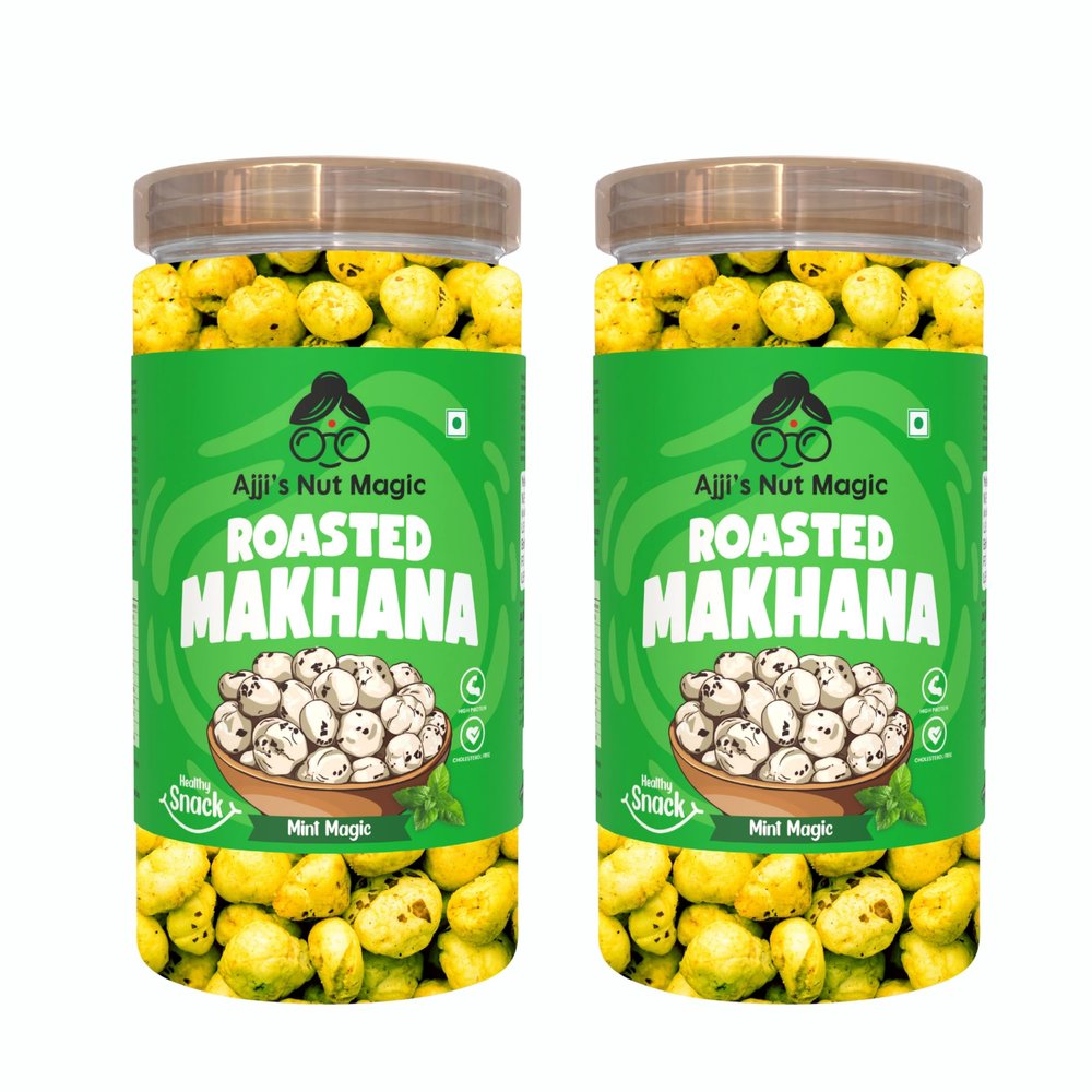 Ajji's Nut Magic Roasted Makhana Mint Magic | Flavored Healthy & Crunchy Snacks | Puffed Kernels Fresh Fox Nuts, Ready to Eat | Roasted Flavored Makhana Mix lotus seeds | Savory Snack, Crunchy & Flavorful (Pack of 2)-140g
