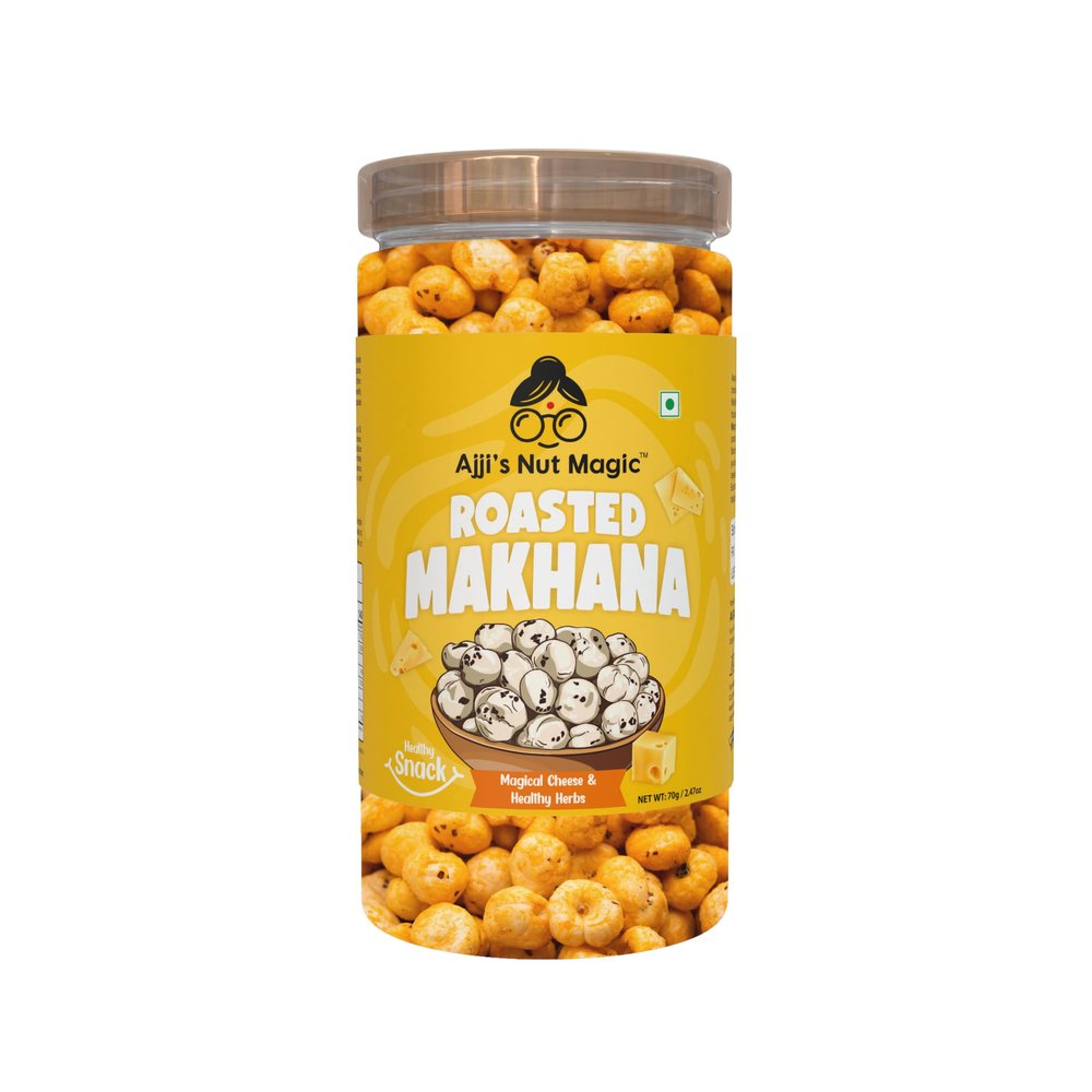 Ajji's Nut Magic Roasted Makhana Magical Cheese & Healthy Herbs | Flavored Healthy & Crunchy Snacks | Puffed Kernels Fresh Fox Nuts, Ready to Eat | Roasted Flavored Makhana Mix lotus seeds | Savory Snack, Crunchy & Flavorful (Pack of 1)-70g