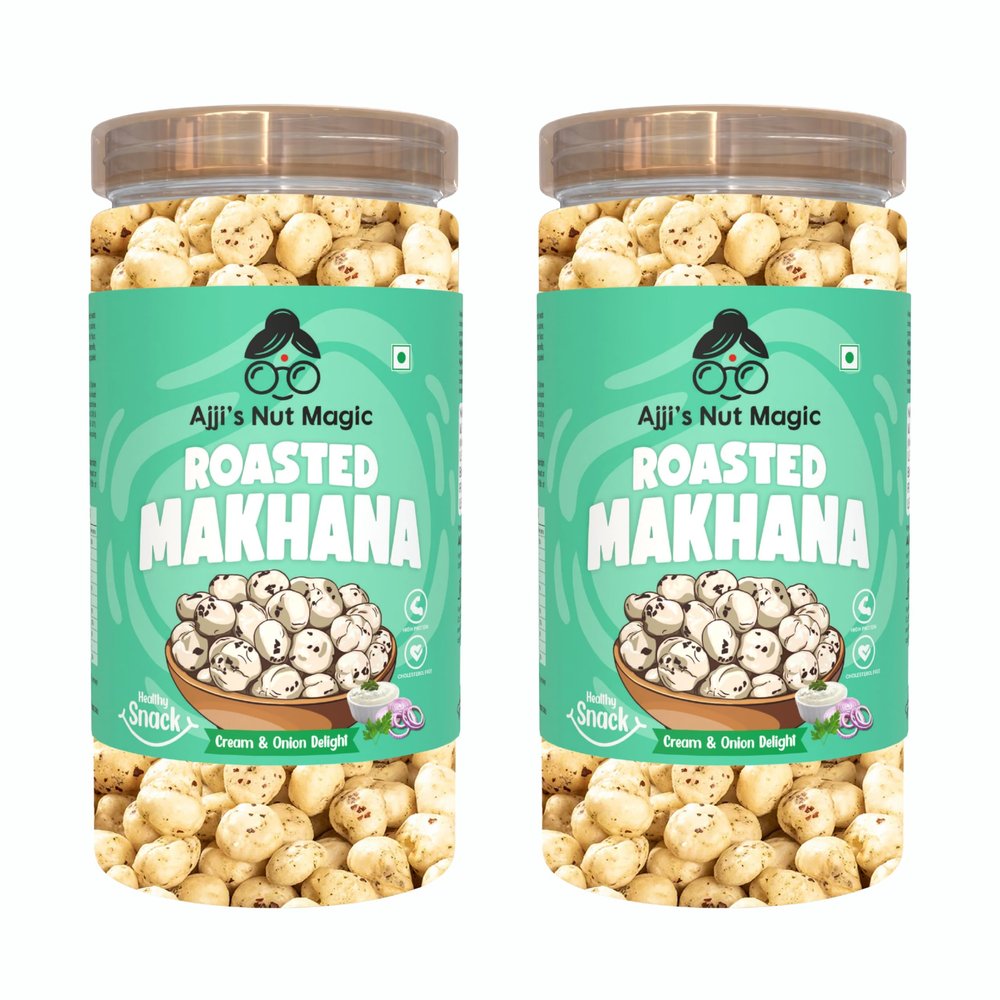 Ajji's Nut Magic Roasted Makhana Cream & Onion Delight | Flavored Healthy & Crunchy Snacks | Puffed Kernels Fresh Fox Nuts, Ready to Eat | Roasted Flavored Makhana Mix lotus seeds | avory Snack, Crunchy & Flavorful (Pack of 2)-140g