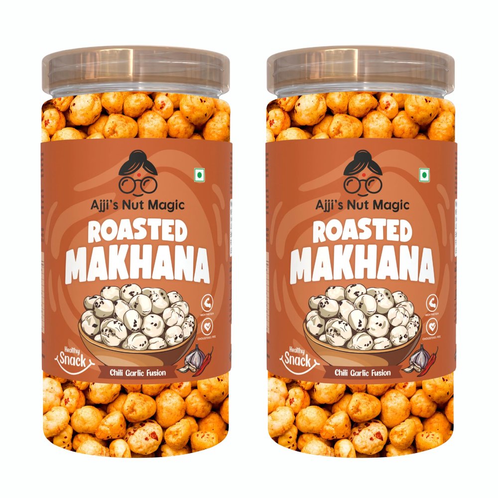 Ajji's Nut Magic Roasted Makhana Chilli Garlic Fusion | Flavored Healthy & Crunchy Snacks | Puffed Kernels Fresh Fox Nuts, Ready to Eat | Roasted Flavored Makhana Mix lotus seeds | Savory Snack, Crunchy & Flavorful (Pack of 2)-140g