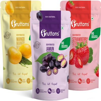 Fruttons Dehydrated Fruits Combo | Pack of 3 | Natural Fruits | Healthy Snack | No added Sugar | Smoothies and shakes | Healthy Breakfast | Preservative Free | Rich and High Source of Dietary Fibre | Dehydrated Jamun | Dehydrated Mango | Dehudrated S