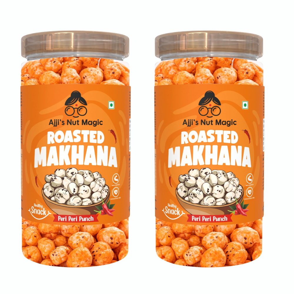 Ajji's Nut Magic Roasted Makhana Peri Peri Punch | Flavored Healthy & Crunchy Snacks | Puffed Kernels Fresh Fox Nuts, Ready to Eat | Roasted Flavored Makhana Mix lotus seeds | Savory Snack, Crunchy & Flavorful (Pack of 2)-140g