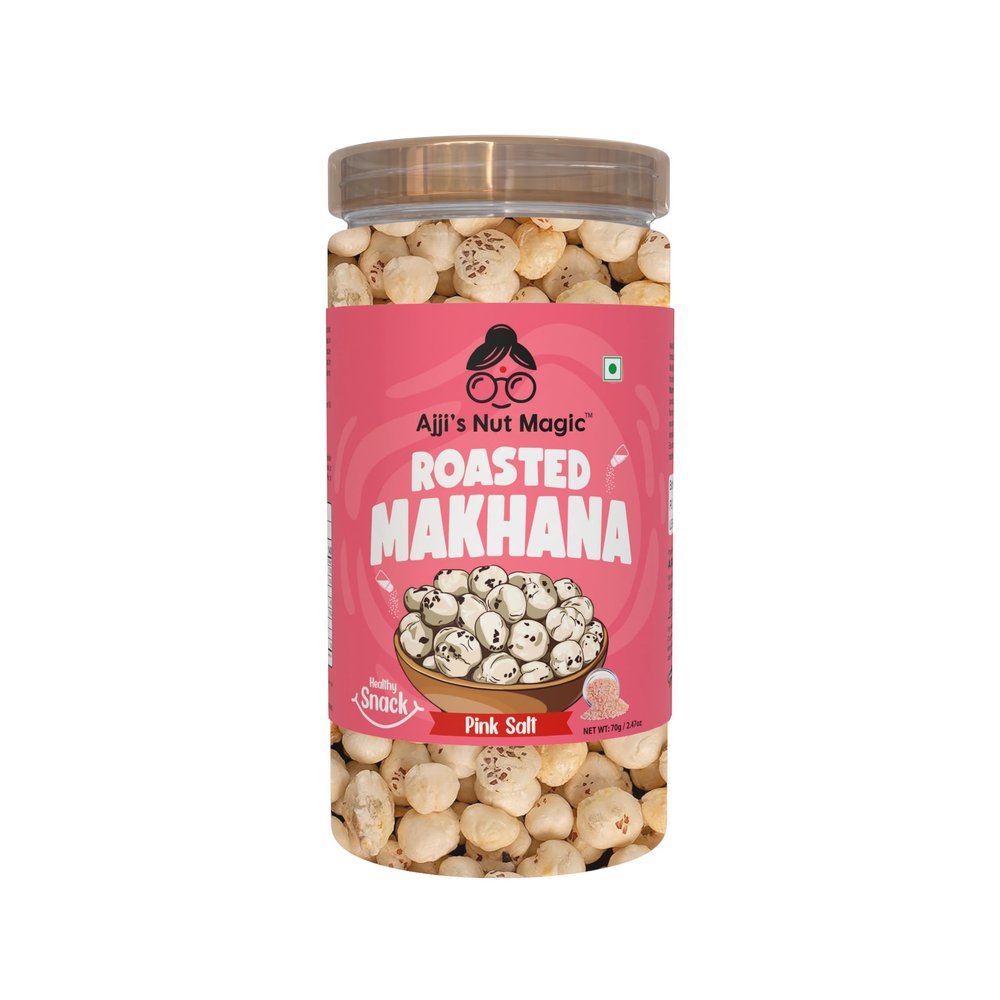 Ajji's Nut Magic Roasted Makhana Pink Salt | Flavored Healthy & Crunchy Snacks | Puffed Kernels Fresh Fox Nuts, Ready to Eat | Roasted Flavored Makhana Mix lotus seeds | Savory Snack, Crunchy & Flavorful (Pack of 1)-70g