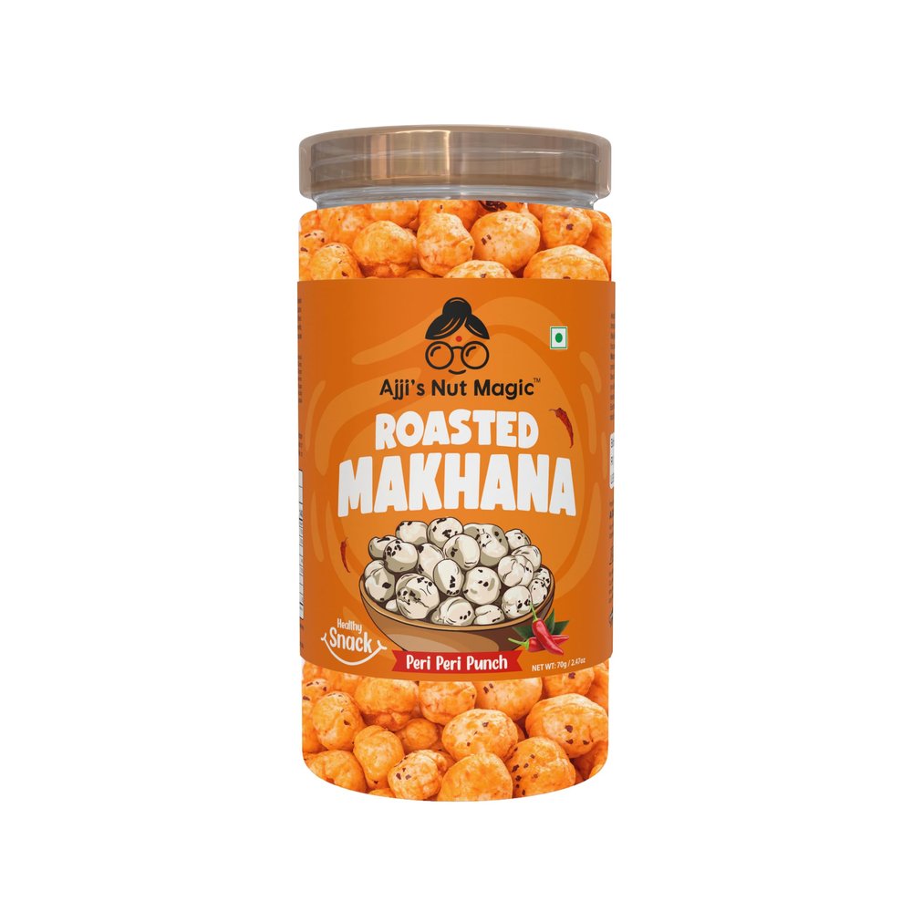 Ajji's Nut Magic Roasted Makhana Peri Peri Punch | Flavored Healthy & Crunchy Snacks | Puffed Kernels Fresh Fox Nuts, Ready to Eat | Roasted Flavored Makhana Mix lotus seeds | Savory Snack, Crunchy & Flavorful (Pack of 1)-70g