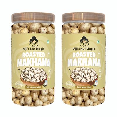 Ajji's Nut Magic Roasted Makhana Salt & Pepper Delight | Flavored Healthy & Crunchy Snacks | Puffed Kernels Fresh Fox Nuts, Ready to Eat | Roasted Flavored Makhana Mix lotus seeds | Savory Snack, Crunchy & Flavorful (Pack of 2)-140g