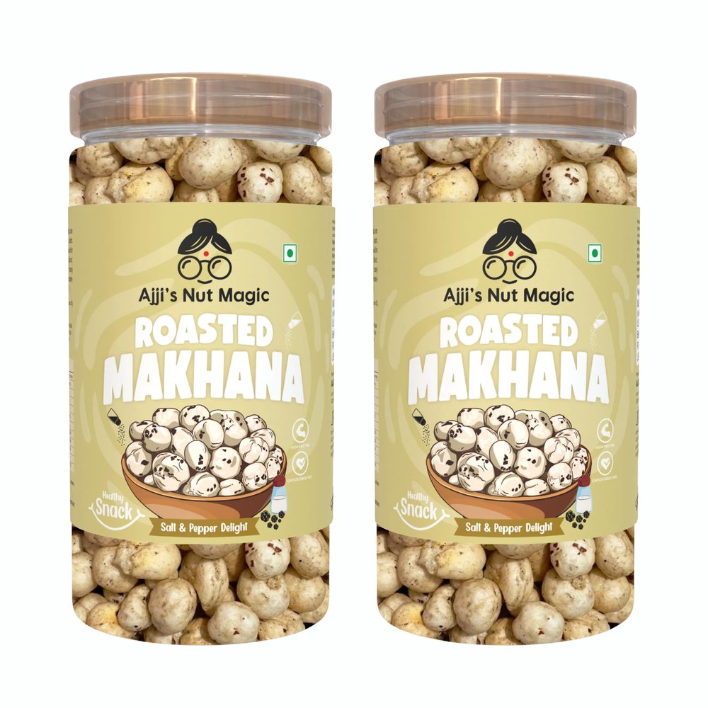 Ajji's Nut Magic Roasted Makhana Salt & Pepper Delight | Flavored Healthy & Crunchy Snacks | Puffed Kernels Fresh Fox Nuts, Ready to Eat | Roasted Flavored Makhana Mix lotus seeds | Savory Snack, Crunchy & Flavorful (Pack of 2)-140g