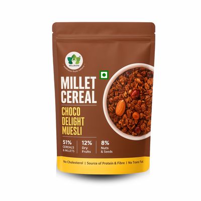 WellMonk Millet Cereals Choco Delight Muesli| 51% Millets & Cereals | 12% Dry Fruits | 8% Nuts & Seeds | No cholesterol | Source of Fiber & Protein | No Trans Fat | Cereals for Anywhere & Anytime Snacks & Breakfast (400g)