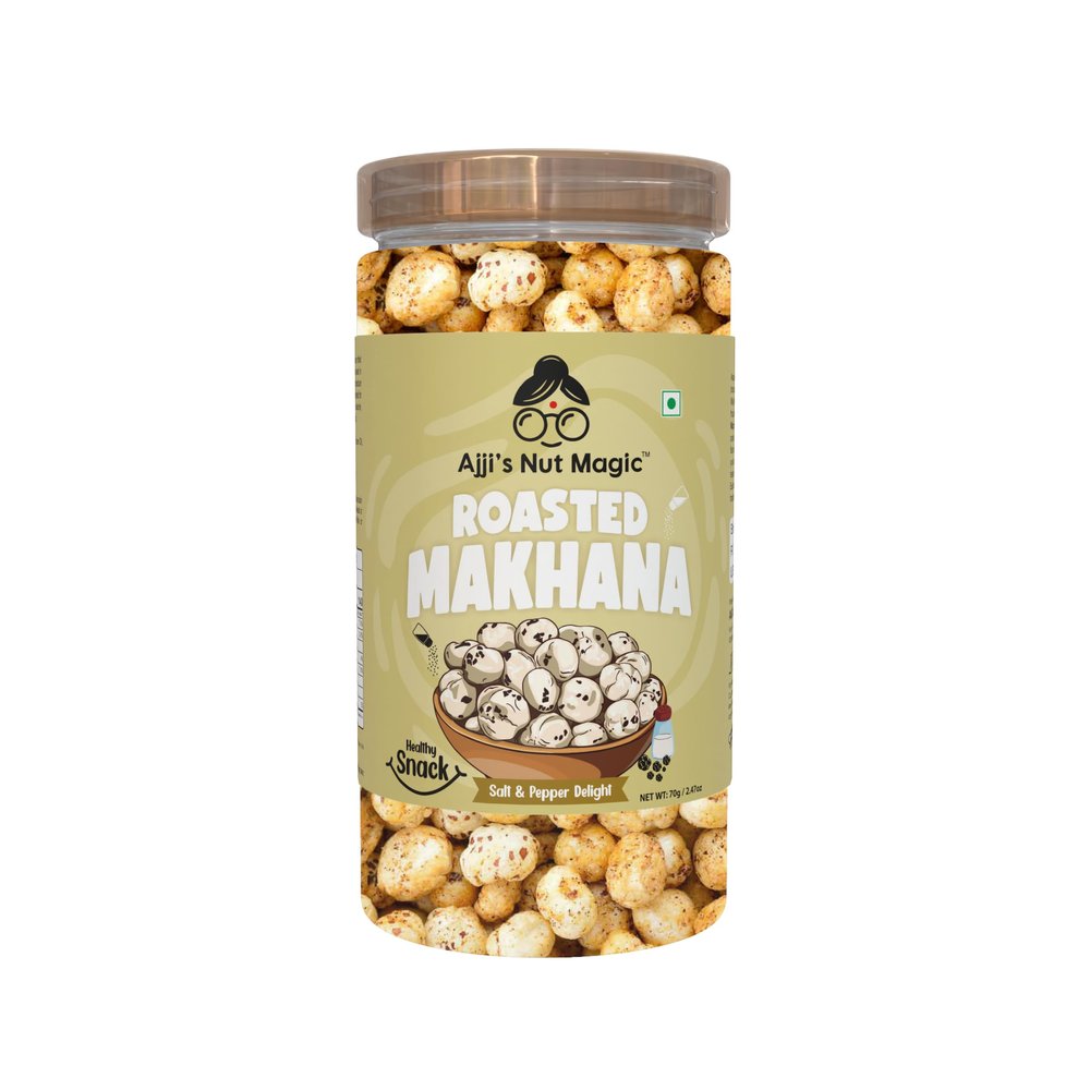 Ajji's Nut Magic Roasted Makhana Salt & Pepper Delight | Flavored Healthy & Crunchy Snacks | Puffed Kernels Fresh Fox Nuts, Ready to Eat | Roasted Flavored Makhana Mix lotus seeds | Savory Snack, Crunchy & Flavorful (Pack of 1)-70g