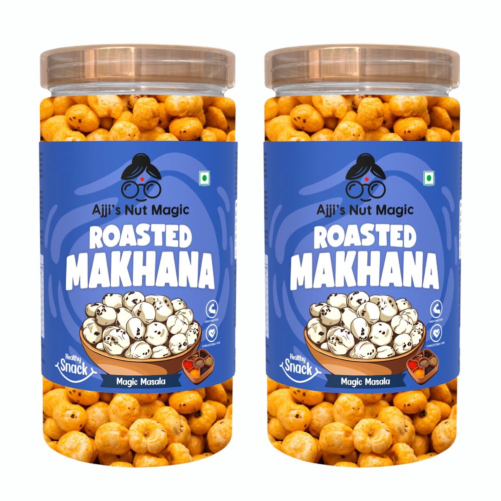 Ajji's Nut Magic Roasted Makhana | Magic Masala Flavored Healthy & Crunchy Snacks | Puffed Kernels Fresh Fox Nuts, Ready to Eat | Roasted Flavored Makhana Mix lotus seeds | Savory Snack, Crunchy & Flavorful (Pack of 2)-140g