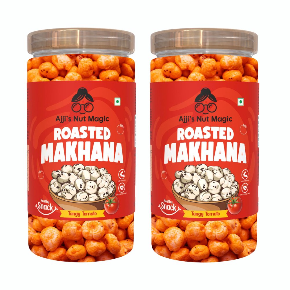 Ajji's Nut Magic Roasted Makhana Tangy Tomato | Flavored Healthy & Crunchy Snacks | Puffed Kernels Fresh Fox Nuts, Ready to Eat | Roasted Flavored Makhana Mix lotus seeds | Savory Snack, Crunchy & Flavorful (Pack of 2)-140g