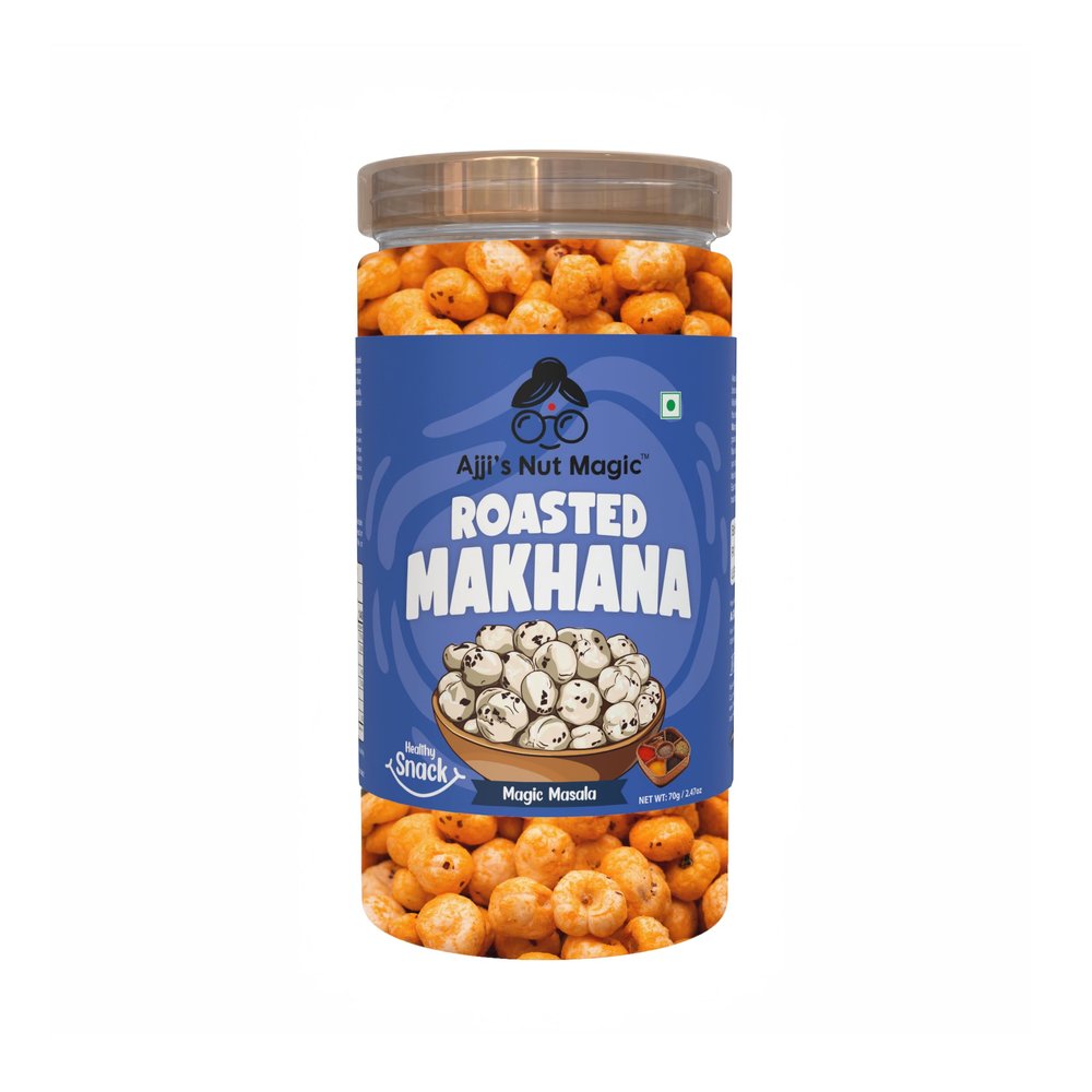 Ajji's Nut Magic Roasted Makhana | Magic Masala Flavored Healthy & Crunchy Snacks | Puffed Kernels Fresh Fox Nuts, Ready to Eat | Roasted Flavored Makhana Mix lotus seeds | Savory Snack, Crunchy & Flavorful (Pack of 1)-70g