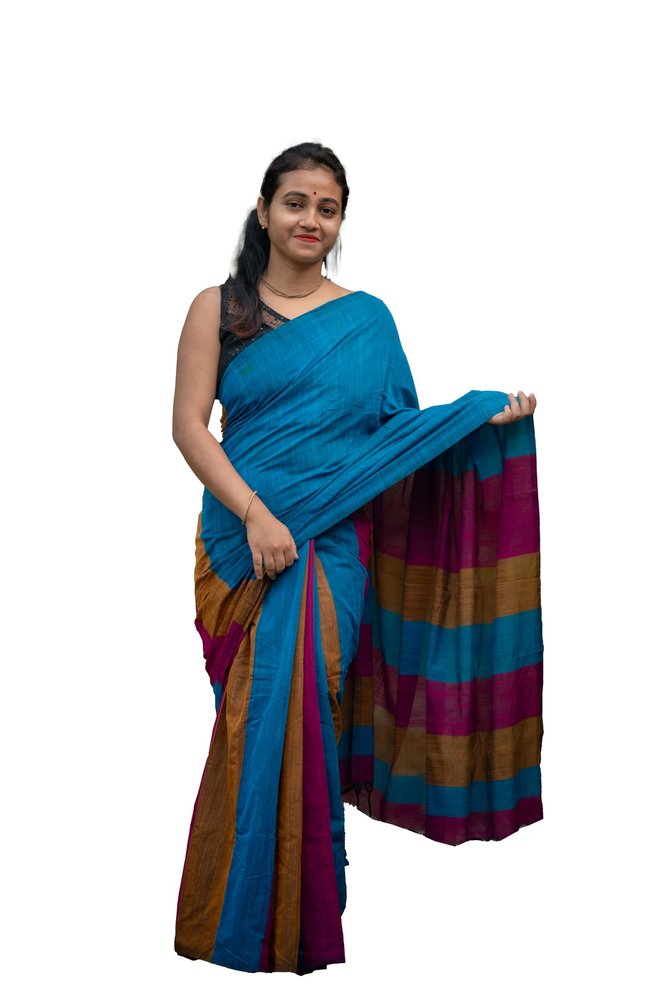 Pure Slub Cotton Color Block Saree for Women with Blouse Piece|Soft Lightweight Daily&Office Wear Saree|Contrast Design,Skin-Friendly Fabric, Ideal for Casual (Brown,Deep Pink,Aqua Blue)