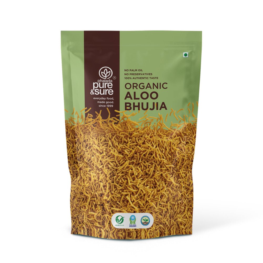 Pure & Sure Organic Aloo Bhujia Namkeen 240gm |Ready to Eat Snacks | Crispy & Light | No Artificial Flavors & Colors|120gm each (Pack of 2)
