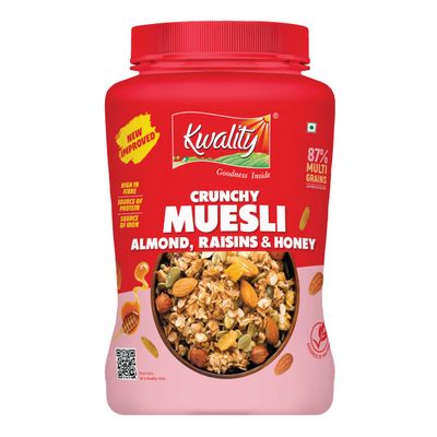 Kwality Muesli Crunchy Almonds, Raisins & Honey 900g | 87% Multi Grains| Natural Source of Vitamin & Iron, High in Protein & Fiber, Low Fat & Cholesterol-Free