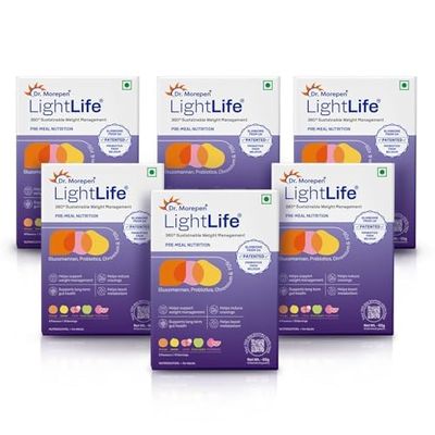 Dr. Morepen LightLife Pre-Meal Nutrition Mix | Controls Appetite & Reduces Cravings | For Men & Women 60 Sachets | 5 Flavors Assorted