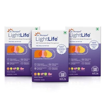 Dr. Morepen LightLife Pre-Meal Nutrition Mix | Controls Appetite & Reduces Cravings | For Men & Women 30 Sachets | 5 Flavors Assorted