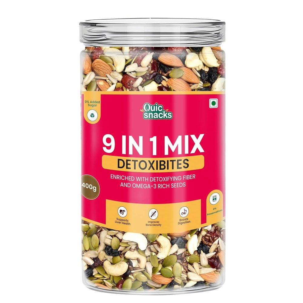 QuicSnacks 9 in 1 Mix Detoxibites Seeds | Nuts and Seed Mixes | Mixed Dry Fruits for Eating | Crunchy and Flavorful Snack | Trail Mix | Rich in Omega-3 | Improve Heart Health and Circulation (400g, 9 in 1 Mix Detoxibites)