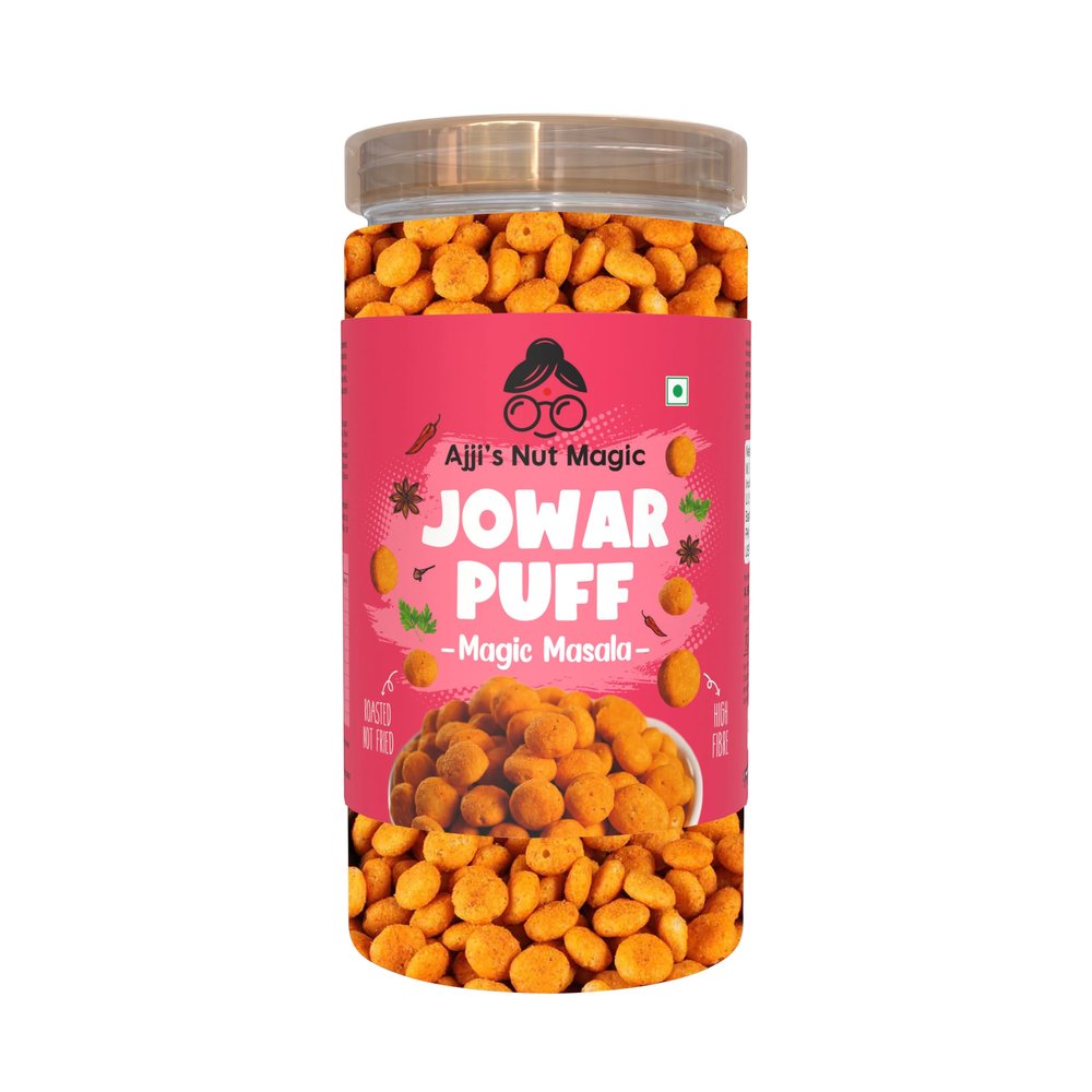 Ajji's Nut Magic Jowar Puff Magic Masala | Healthy Millet Snacks | Healthy Slow Roasted Tasty Snacks | Puffed Kernels | Ready to Eat | No Palm Oil | 0 Preservatives | Naturally Gluten Free | No added Sugar, No Trans-Fat | Savory Snack, Crunchy & Flav