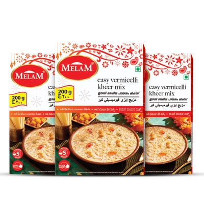 Melam Easy Vermicelli Kheer Mix (200g) Pack of 3 | Instant Sweet & Creamy Semiya Payasam | Rich, Smooth & Delicious Indian Dessert in Minutes