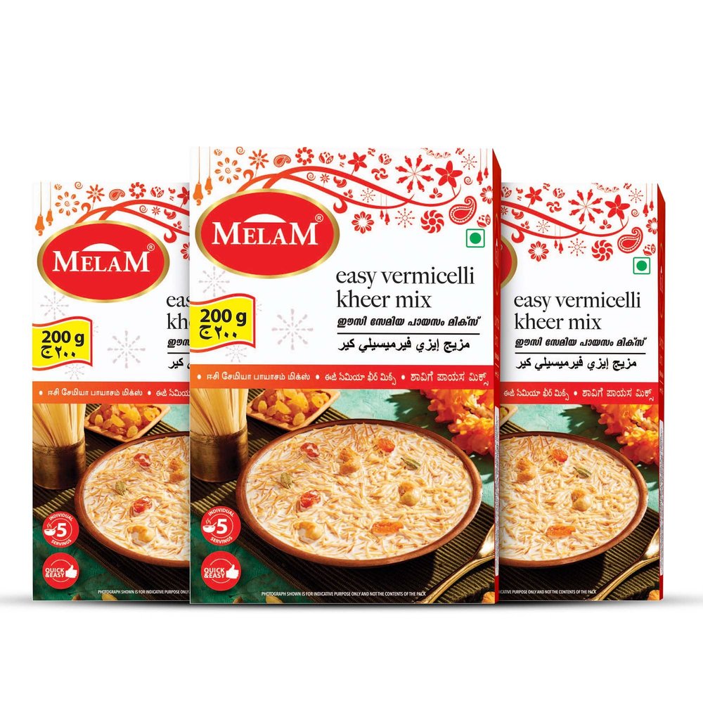 Melam Easy Vermicelli Kheer Mix (200g) Pack of 3 | Instant Sweet & Creamy Semiya Payasam | Rich, Smooth & Delicious Indian Dessert in Minutes