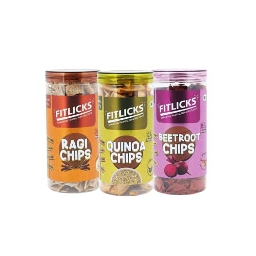 FITLICKS Baked Chips Combo - 150g Each | Ragi + Quiona + Beetroot Chips | High in Fibre & Protein | No Palm Oil | Healthy Snack for Kids & Adults | Natural Ingredients & Diet-Friendly (Pack of 3)