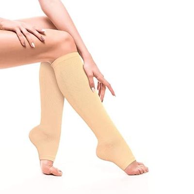 Compression Below Knee Open - toe 4 way stretch Socks Support Prevent Varicose Knee pain relief Veins Stocking Calf & Knee support For Men and Women. (BEIGE, LARGE)