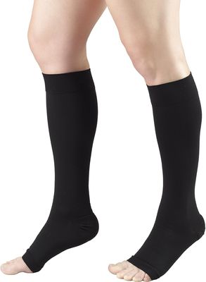 Compression Below Knee Open - toe 4 way stretch Socks Support Prevent Varicose Knee pain relief Veins Stocking Calf & Knee support For Men and Women. (BLACK, SMALL)