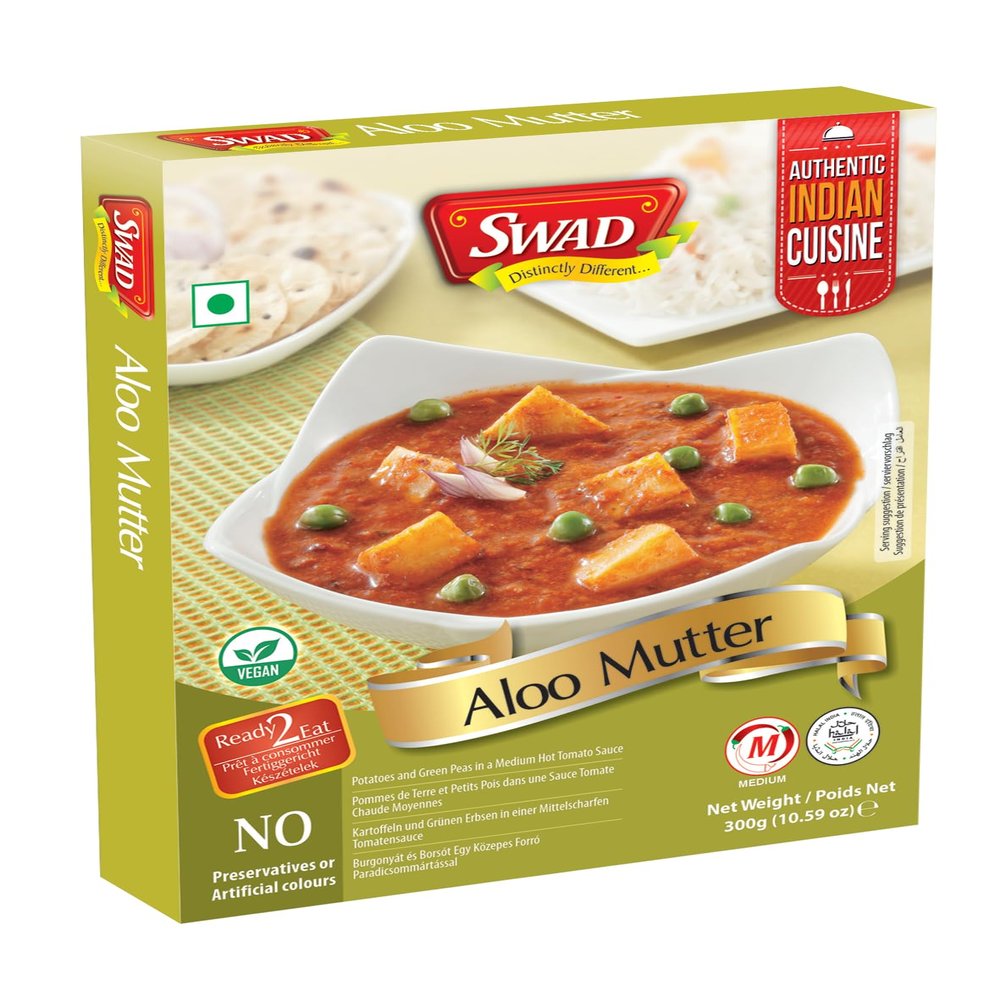 SWAD Ready to Eat Aloo Mutter 300g | Just Heat and Eat | Vegetarian Instant Indian Food Mix | No Added Preservative & Colours | Microwave-Able Ready to Eat Meal | Pack of 1