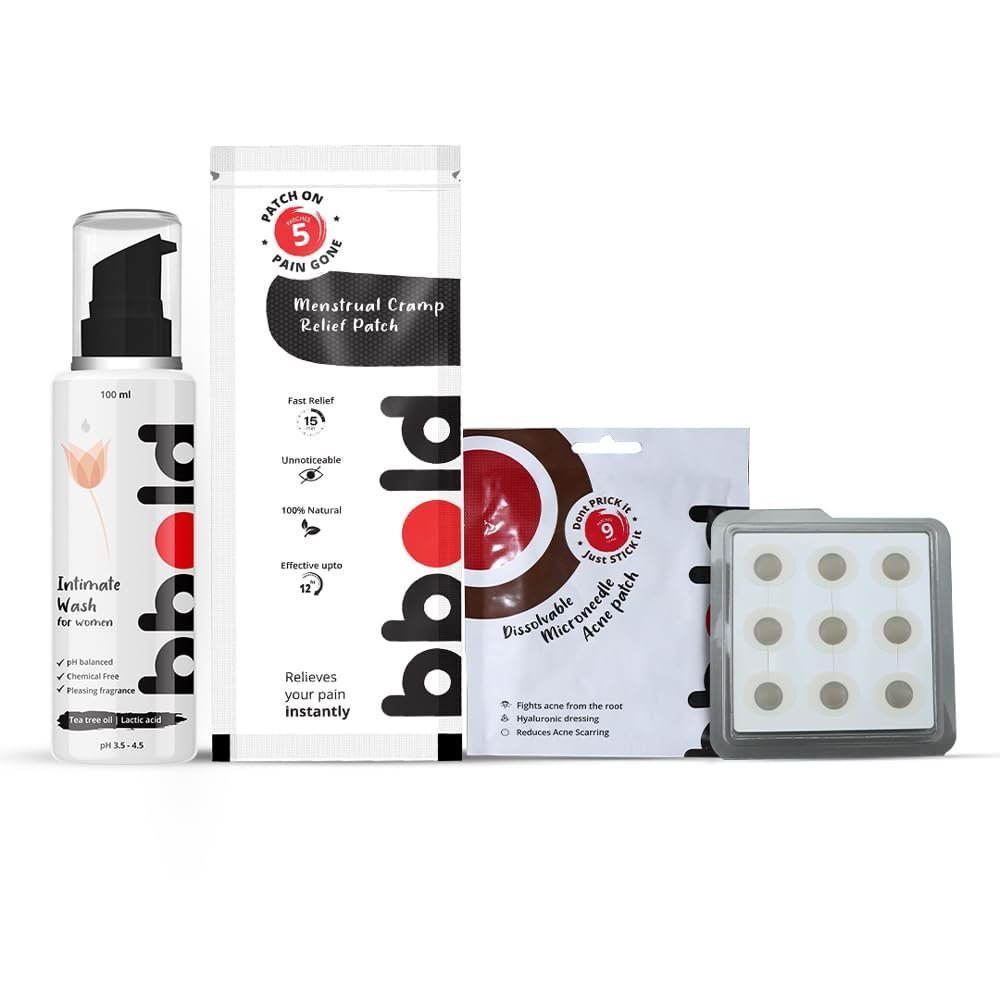 bbold Womens Essential Care Combo bbold Intimate Wash (Pack of 1) Menstrual Cramp Patches (Pack of 1 - 5's) Acne Patch (Pack of 1) the ultimate trio for intimate hygiene, menstrual pain relief, and effective pimple care.
