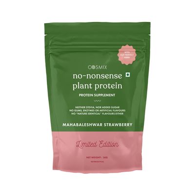 Cosmix No-Nonsense Plant Protein | 23 Protein/Serve, 1Kg Pouch | Mahabaleshwar Strawberry | Plant Based Protein, Pea & Rice Isolate | Clean, Easy to Digest | All Essential Amino Acids