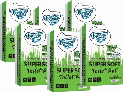 Charming Touch Super Soft 2 Ply Toilet Paper Tissue Roll 6-in-1 (270 Sheets Per roll) Pack of 6