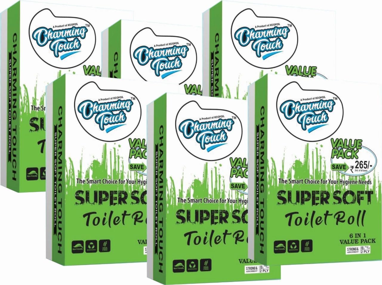 Charming Touch Super Soft 2 Ply Toilet Paper Tissue Roll 6-in-1 (270 Sheets Per roll) Pack of 6