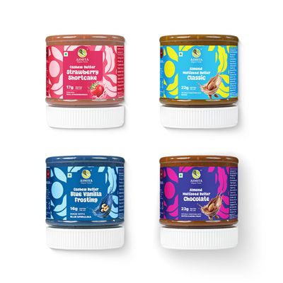 Asmita Organic Farms Nut Butters Tasting Pack | Made with Multi-Seeds & Avocado Oil | High-Protein Spread| (Classic Almond, Chocolate, Strawberry Shortcake, Blue Vanilla Frosting) | 100g Each Jar
