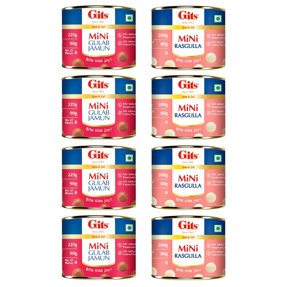 Gits MiNi Gulab Jamun 225g & Gits Mini Rasgulla 200g | Combo Pack of 8 | 8 Pieces in Each Tin | Quick Sweet Cravings