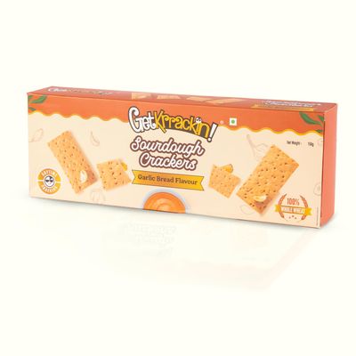 Getkrrackin! Sourdough Crackers (150g) - Garlic Bread | Whole Wheat Crunchy Biscuits | Pair With Cheese, Fruits, Nuts, Soups, & Vegetables | Flavoured Thin Crisps | Tasty Tea Time & Party Snacks